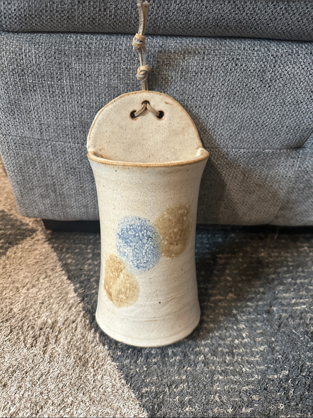 Handmade Ceramic Wall Pocket in Cream with Blue and Tan Accents